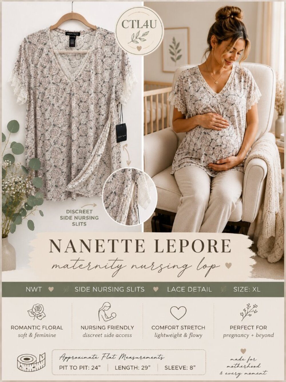 Nanette Lepore Elevated Maternity Loungewear Floral Nursing Top Lace Trim XL